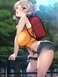 1girls backpack bag bangs bare_shoulders blurry blurry_background blush breasts brown_eyes conte_di_cavour_(kantai_collection) crop_top denim denim_shorts from_side grey_hair kantai_collection large_breasts leaning_forward long_hair looking_at_viewer midriff navel open_mouth outdoors ponytail railing randoseru red_bag sasaki_kanna_(cosplay) shirt short_shorts shorts sleeveless solo sweat tank_top thighs tori33 torisan tree