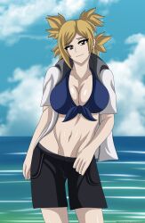 1girls 2d belly_button big_breasts bikini bikini_top blonde_hair blue_bikini blue_eyes blue_swimsuit boruto:_naruto_next_generations busty cleavage ear_piercing earrings hi_res high_resolution highres jacket jewelry krazykamikaze44 large_breasts light-skinned_female light_skin looking_at_viewer mature mature_female milf naruto naruto_(series) ocean outdoors outside pale-skinned_female pale_skin pose posing shorts shounen_jump smile smiling smiling_at_viewer solo solo_female solo_focus swimsuit temari tied_hair toned toned_female twintails wide_hips