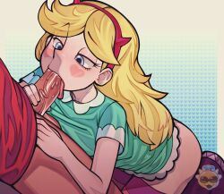 2023 blonde_hair blowjob blue_eyes devil_horns disney disney_channel disney_xd face_markings fellatio female female_focus headband long_hair male marco_diaz partial_male penis star_butterfly star_vs_the_forces_of_evil tongue tongue_out zamoshvik