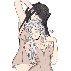 2girls armpits bangs bare_thighs black_hair blush breast_grab breasts brown_eyes cleavage covered_nipples female female_only fire_emblem fire_emblem_awakening grey_hair groping haruka1556 long_hair looking_at_viewer medium_breasts multiple_girls nightgown nintendo robin_(fire_emblem) robin_(fire_emblem)_(female) sideboob smile tharja_(fire_emblem) thighs twintails yuri