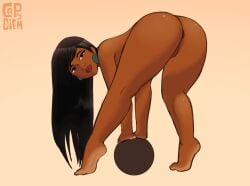 ass ball black_hair brown_ball capy_diem chel dark-skinned_female dark_skin dark_sphere feet highlighted_soles long_hair looking_at_viewer looking_back naked sphere the_road_to_el_dorado thick_ass thick_thighs