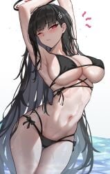 1girls armpits bikini black_hair blue_archive blush hourglass_figure large_breasts millennium_science_school_student red_eyes rio_(blue_archive) seminar_(blue_archive) standing stomach stretching thigh_gap toned toned_female toned_stomach tummy water water_drop wet wet_skin yukiaka