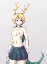 1girls animal_horns animal_tail areolae belly_button blonde_hair blush breasts collar horn horns kicchou_yachie navel nipples red_eyes saintpetervin scales shirt_off short_hair simple_background skirt skirt_only solo tail touhou turtle_shell yellow_hair