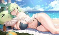 1girls beach beach_towel belly_button bikini blush body_oil cardigan ceres_fauna fan_mascot_(vtuber) green_hair hololive hololive_english hololive_english_-council- hololive_english_-promise- hourglass_figure large_breasts looking_at_viewer lotion saplings_(ceres_fauna) sea smile stomach thick_thighs tnolize tummy virtual_youtuber yellow_eyes