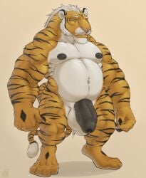 anthro asyr balls beard black_penis diamond_(marking) facial_hair felid foreskin genitals hi_res male male_focus mammal markings musclegut muscular muscular_anthro muscular_male nipples nude pantherine pecs penis primal slightly_chubby solo stripes tiger wulfiewilk