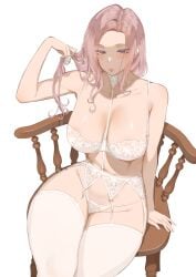 1girls big_breasts bra chair female female_only large_breasts lingerie long_hair maid original original_character panties pink_hair purple_eyes sitting solo solo_female thick thick_thighs thighhighs throtem underwear voluptuous white_background wide_hips