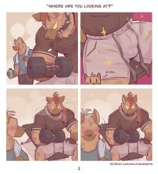 anthro blush brown_body brown_fur bulge clothed clothing comic duo english_text fur gym hi_res hyena looking_at_another male mammal muscular muscular_male sportswear spots spotted_body spotted_fur text wolfanine