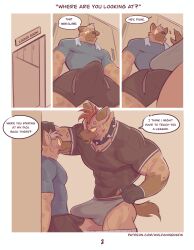 anthro big_bulge blush brown_body brown_fur bulge comic duo english_text erection fur hi_res hyena male male/male mammal muscular muscular_male speech_bubble sportswear spots spotted_body spotted_fur tail text wolfanine