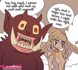 1boy 1girls blonde_hair demon dialogue english_text fangs female hasselnut hi_res horns long_hair male monster my_neighbour_is_a_bunny_demon pointy_ears red_body sharp_teeth simple_background speech_bubble wolfgang_bang