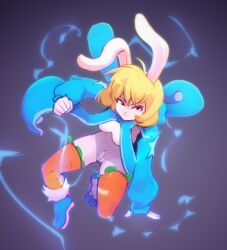 absurd_res action_pose anthro blonde_hair breasts carrot_(one_piece) clothed clothing digital_media_(artwork) electricity female female_only fur genitals hair hi_res lagomorph leporid maebari mammal minkmen_(one_piece) mycrys nude one_piece pose pussy rabbit simple_background solo tagme white_body white_fur