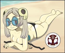 8ball9615 aged_up beach big_ass bikini black_nail_polish bloody_marie blue-tinted_eyewear grey_hair nipples_covered pale-skinned_female red_eyes skull_hair_ornament skullgirls sunglasses tinted_eyewear topless undead_female zombie_girl