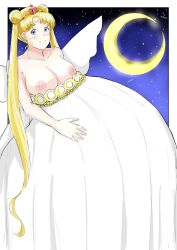 1girls belly big_belly bishoujo_senshi_sailor_moon blonde_hair blue_eyes blush breasts clothing disproportional dress female female_only huge_belly hyper_belly large_breasts neo_queen_serenity nipples pregnant solo suocera_75 usagi_tsukino