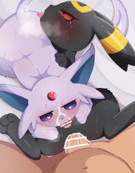 <3_eyes anal anal_sex ass black_body blush bodily_fluids censored cunnilingus eeveelution espeon female female_penetrated feral generation_2_pokemon genital_fluids genitals group heart hi_res himimi human interspecies male male/female male_penetrating male_penetrating_female mammal nintendo open_mouth oral paws penetration penile penile_penetration penis penis_in_ass pink_body pokemon pokemon_(species) pokephilia purple_eyes pussy pussy_juice red_eyes sex spread_legs spread_pussy spreading tongue tongue_out trio umbreon vaginal_penetration