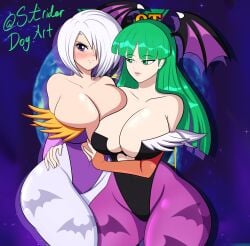 2girls angel_(kof) breasts clothing crossover darkstalkers female female_only green_eyes green_hair head_wings king_of_fighters large_breasts morrigan_aensland striderdogart succubus succubus_costume succubus_wings