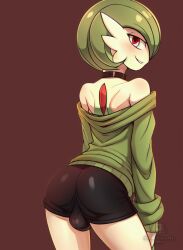 1boy 1femboy 1male ai_generated anthro backsack bending bulge clothed femboy femboy_focus femboy_only gardevoir halfaslime looking_back male male_gardevoir male_only pokémon_(species) pokemon pokemon_(species) presenting presenting_ass presenting_butt presenting_hindquarters pretty_boy rear_view red_eyes red_iris solo solo_femboy solo_focus solo_male trap