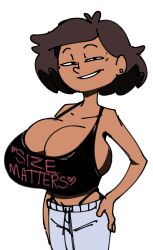 1girls 2d amphibia asian_female breasts breasts_bigger_than_head brown_hair busty cleavage clothing dark-skinned_female dbaru disney disney_channel earrings female grin hand_on_hip huge_breasts midriff milf mrs._boonchuy oum_boonchuy pants standing tan_skin tank_top thai thong thong_above_pants thong_straps