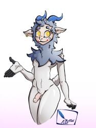 1boy anthro blue_body blue_fur blue_hair bovid caprine cowboy_shot cropped_legs ear_notch ear_piercing flaccid_penis fur genitals girly goat grey_body hair hi_res horn humanoid_genitalia humanoid_penis legs_together male mammal nude penis simple_background solo standing uncensored white_background yellow_eyes zataekink