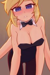 2d 4_arms blonde_hair blue_eyes blush brown_pantyhose bunny_suit collarbone crawling_toward_viewer embarrassed fangs imminent_sex large_breasts long_hair multi_arm multi_limb nelly open_mouth panting pantyhose straddling sweating xyroni