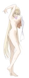 1girls after_shower arm_up armpits ass asuna_(blue_archive) barefoot blonde_hair blue_archive blue_eyes blush breast_hold breast_lift breasts cleaning_&_clearing_(blue_archive) completely_nude covering eyes_visible_through_hair female full_body grabbing_own_breast hi_res highres large_breasts long_hair looking_at_viewer migu_(iws2525) millennium_science_school_student mouth_hold nude sideboob simple_background solo standing towel very_long_hair wet wet_body white_background