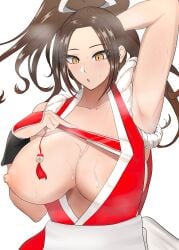 absurdres arm_guards bare_shoulders blush breasts breasts_out brown_eyes brown_hair cleavage clothing_aside fatal_fury female folded_fan folding_fan gaccocha hand_fan high_ponytail highres holding holding_fan japanese_clothes king_of_fighters large_breasts long_hair mai_shiranui ninja nipple_slip nipples no_bra ponytail revealing_clothes rope simple_background snk solo sweat