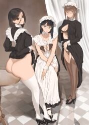 3girls ass big_ass big_butt black_hair bra brown_hair chair clothes_lift female female_only glasses high_heels indoors lingerie looking_at_viewer maid maid_uniform medium_breasts original original_character original_characters panties sitting table thick_ass thighhighs thong throtem underwear