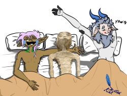 3boys alien alien_boy alien_humanoid bed drooling ear_piercing furry goat guy_tired_after_sex_(meme) hild_(zataekink) in_bed lying male male_only meme mexico_alien morning_after on_back pillow pink_hair snot_bubble threesome yawn yawning zatae zataekink