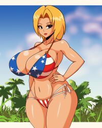 1girls american_flag_bikini beach bikini blonde_female blonde_hair blue_eyes dead_or_alive hand_on_hip huge_breasts iggy-bomb medium_hair tina_armstrong voluptuous