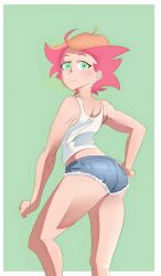 2d amanda_o'neill artist_request big_ass denim_shorts green_eyes hand_on_hip little_witch_academia orange_hair shirt short_hair short_shorts shorts suspender_shirt thick_legs white_shirt