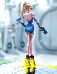 arm_length_gloves ass backless_outfit blonde_hair blue_eyes boots cocked_hip dress female female_only fully_clothed gun hairband high_heels illasvyel legs looking_at_viewer looking_back metroid ponytail samus_aran shiny_clothes tight_clothing