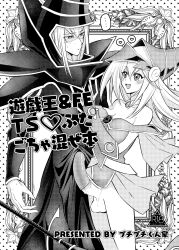 130500kun 1boy 1futa artist_request big_breasts big_penis black_and_white bottomless breasts clothed clothing condom dark_magician dark_magician_girl doujin doujin_cover duel_monster duo erection futa_with_male futanari greyscale human long_hair male monochrome mostly_clothed penis puchipuchikun robe standing yu-gi-oh!