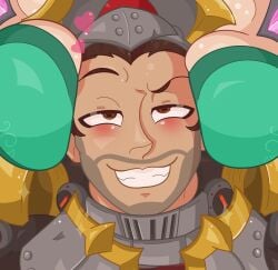 1boy 2girls beard_stubble breast_press breast_squeeze breasts breasts_in_face brown_eyes brown_hair clothed clothing female fernando_(paladins) knight male male/female male_focus mett_04 multiple_girls paladins paladins_champions_of_the_realm smile solo_focus ying_(paladins)