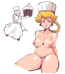 1girls blonde_hair braid breasts breasts_out chef_hat chubby chubby_female earrings hi_res immisterplow mario_(series) mrplow34 nintendo open_mouth panties patissiere_peach plow_(immisterplow) png princess_peach princess_peach:_showtime! simple_background thick_thighs topless white_background