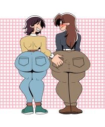 2girls ass ass_focus ass_grab ass_size_difference azumanga_daiou back back_view big_ass blush butt_size_difference clothed clothing color commission commissioner_upload embarrassed female female_only grid_background grin huge_ass ineptoutcast jeans koyomi_mizuhara long_sleeves looking looking_over_shoulder pants smile standing tomo_takino white_background yuri