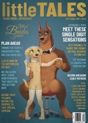 1boy 1girls 2023 adam_wan age_difference anthro armwear balls blue_eyes bride_gown brown_eyes canid canine canis cleft_of_venus clothed clothing cover cub digital_media_(artwork) dog domestic_dog duo elbow_gloves english_text female flat_chested fur genitals hand_holding happy hi_res husband_and_wife larger_male legwear magazine_cover male mammal married_couple mostly_nude navel nude older_male older_male_younger_female penis pussy size_difference smaller_female smile tail testicles text thigh_highs torso_grab wedding_ring wedding_veil young younger_female zaush