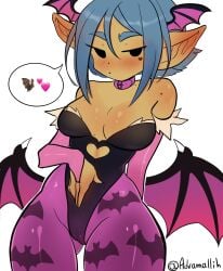 1girls adramallih animal_print bat_print black_eyes blue_hair blush capcom clothing collar cosplay darkstalkers ear_blush female female_only gauntlets goblin goblin_female gobtober gobtober_2023 green_skin head_wings heart heart_cutout heart_tattoo hi_res leotard looking_at_viewer morrigan_aensland_(cosplay) narrowed_eyes pantyhose pointy_ears purple_pantyhose rissma_(maewix1) small_breasts solo speech_bubble succubus_wings tattoo tattoo_under_eye thick_thighs white_background wings