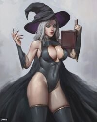 blue_eyes boob_window book cape cleavage cleavage_cutout dravacus female female_only fully_clothed gray_hair leotard revealing_clothes stockings thighhighs tight_clothing witch witch_hat