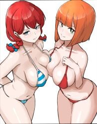 2girls asymmetrical_docking bikini blue_bikini blue_bow blue_eyes bob_cut bow braid breast_press breasts closed_mouth collar collarbone commentary curvaceous female female_only freckles hairbow highres large_breasts looking_at_viewer mcdonald's mom_(japanese_mcdonald's_commercial) multiple_girls navel niceratus_kiotensis orange_hair red_bikini red_hair simple_background smile striped striped_bikini swimsuit take_your_pick thighs twin_braids twintails wendy's wendy_thomas white_background yoru_mac