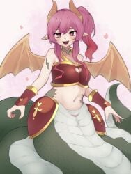 :d blush bright_pupils censored cleavage_cutout clothing_cutout commission dragon_girl dragon_horns dragon_wings fangs female heart heart_cutout highres horns lamia looking_at_viewer monster_girl mosaic_censoring navel open_mouth original pink_hair pointy_ears pussy scales side_ponytail sidelocks skeb_commission smile solo white_pupils wings yonaga_san