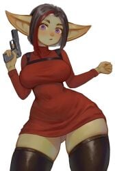 1girls ada_wong_(cosplay) angy_(sasha_khmel) big_ears black_hair black_thighhighs blue_eyes blush capcom cosplay dress female female_only goblin goblin_female gobtober gobtober_2023 green_skin gun hi_res looking_at_viewer pointy_ears red_highlights resident_evil resident_evil_4 resident_evil_4_remake shchrit solo thick_thighs thighhighs white_background