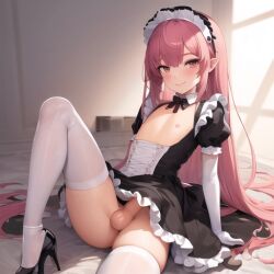 1boy ai_generated balls crossdressing elbow_gloves femboy high_heels long_hair maid maid_headdress maid_uniform male male_only nipples no_panties original penis pink_hair pink_nipples pointy_ears solo stockings thighhighs trap unknown_artist