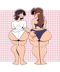 2girls ass ass_focus ass_grab ass_size_difference azumanga_daiou back back_view big_ass blush bra butt_size_difference color commission commissioner_upload embarrassed female female_only grid_background grin huge_ass ineptoutcast koyomi_mizuhara lingerie looking looking_over_shoulder panties shirt smile standing t-shirt tomo_takino white_background white_panties yuri