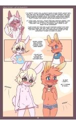 2019 absurd_res anthro bell bell_collar blue_eyes blush bunnybits clothing collar comic digital_media_(artwork) female fur group hair hi_res lagomorph leporid male mammal nipples rabbit sasha_(bunnybits) student teacher teacher_and_student trio underwear young