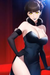 1girls ai_generated black_dress breasts brown_hair corruption dress earrings elbow_gloves fur_collar gloves hair_bun hand_on_hip hypnosis krabbytheklown large_breasts lipstick looking_at_viewer makoto_niijima mind_control persona persona_5 strapless_dress yellow_eyes