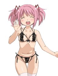 2d black_bra black_panties bra hair_ribbon lingerie madoka_kaname magical_girl mahou_shoujo_madoka_magica medium_breasts navel open_mouth panties pink_eyes pink_hair pink_ribbon puella_magi_madoka_magica ribbon ribbons side_tie_panties simple_background sketch smile thigh_gap thighhighs twintails underwear_only waving you2