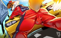 car clothed fox hat legends_the_mascot nurburgring presenting_ass presenting_hindquarters sindenbock tight_clothing