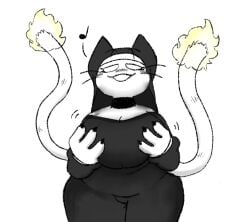 1female 2_tails anthro breast_squeeze breasts cat_ears cat_girl cat_humanoid cat_tail catgirl furry furry_female grabbing_own_breast groping_self huge_breasts huge_thighs idontknowwho looking_at_viewer looking_down mediri_(mochikirb) multi_tail nun nun_outfit seducing seduction seductive singing smug solo solo_focus thick_thighs thighs thunder_thighs thunderthighs white_background