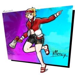 artist_request beach blizzard_entertainment blonde_female blonde_hair blonde_hair clothed female female_only hat lifeguard lifeguard_mercy megaphone mercy overwatch overwatch_2 pointing ponytail red_jacket red_lipstick running sandals solo solo_female sweat sweatdrop white_background white_skin