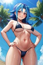 1girls ass_visible_through_thighs athletic_female beach_background bikini blue_hair blush curvaceous female female_only grin hands_on_hips huge_breasts human kamishiro_rio long_hair looking_at_viewer navel red_eyes rio_kamishiro sephiaton955 smile solo sweat sweatdrop teeth voluptuous voluptuous_female yu-gi-oh! yu-gi-oh!_zexal