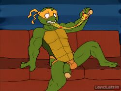 1boy absurd_res anthro clothed clothing eating eating_food eating_pizza food furniture hi_res jockstrap jockstrap_only lewd_latte logo logo_parody male male_only michelangelo_(tmnt) pizza red_couch sofa solo solo_male spread_legs spreading surprise surprised_expression teenage_mutant_ninja_turtles topless twitter_link underwear underwear_only