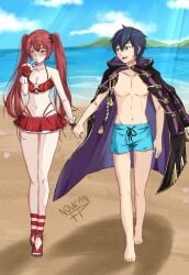 1boy 1girls alternate_costume beach bikini bikini_skirt blue_hair blush brand_of_the_exalt coat cordelia_(fire_emblem)_(cosplay) cosplay fire_emblem fire_emblem_awakening fire_emblem_heroes handholding high_heels morgan_(fire_emblem) morgan_(fire_emblem)_(male) nintendo noukan ocean outdoors red_bikini red_hair red_swimsuit sandals seaside severa_(fire_emblem) swim_trunks swimsuit twintails walking